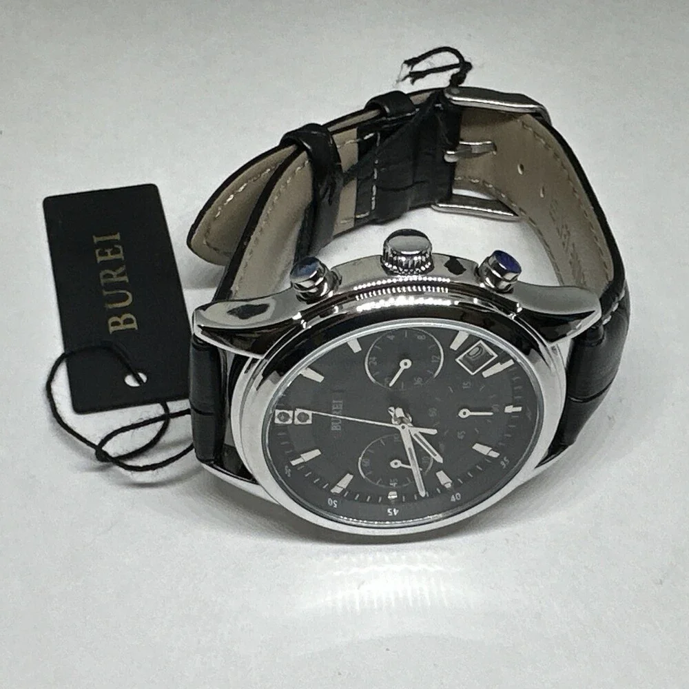 Burei S-17005M Men's Black Leather Strap Analog Dial Quartz Wrist Watch XOB29